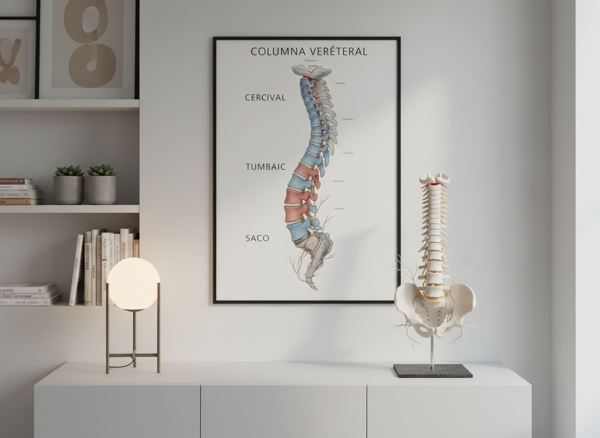 An elegant, modern medical office corner featuring a large, vertical poster of the columna vertebral with labeled regions—cervical, thoracic, lumbar, sacral—rendered in precise, muted anatomical colors. The poster hangs above a matte-white sideboard where a detailed 3D-printed lumbar spine segment with visible nerves and discs rests on a dark slate stand. A small, minimalist lamp with a frosted glass shade casts soft warm light that gently contrasts with cool daylight entering from an unseen window, creating a balanced, tranquil illumination. The background is softly blurred, with hints of medical books and subtle décor in neutral tones. Photographed at eye level with a clean, centered composition, the mood is serene, professional, and educational, capturing photographic realism with a refined, contemporary aesthetic.