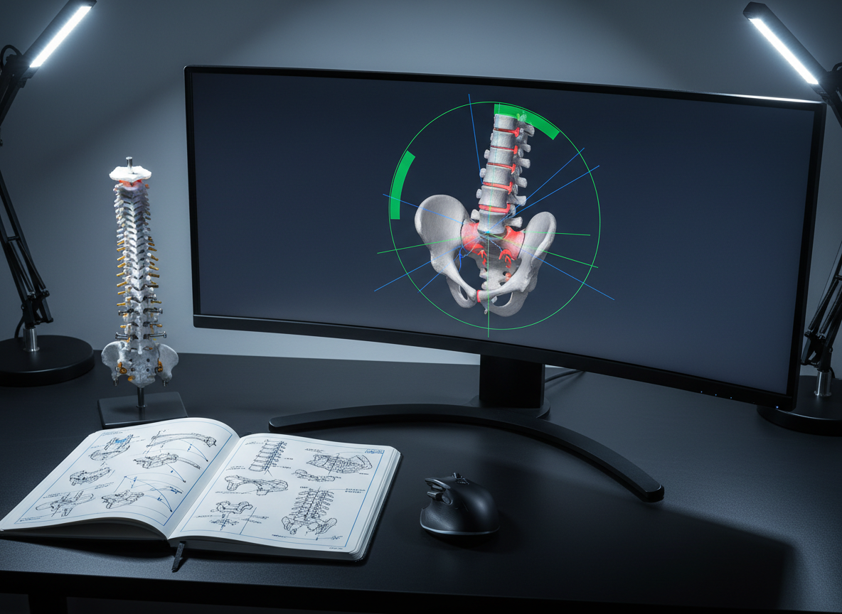 A high-tech spinal surgery planning station with a large, ultra-wide medical monitor displaying a 3D rotational rendering of a patient’s lumbar spine, complete with highlighted degenerated discs and planned screw trajectories in bright, precise colors. The monitor stands on a dark, matte desk beside an open surgical planning notebook with neat, technical sketches of vertebrae and alignment lines. A compact, sleek spine model with metallic implants inserted is placed carefully next to a wireless, ergonomic mouse. Cool, focused LED desk lighting illuminates the workspace, creating gentle reflections on the screen’s glass and subtle shadows beneath the objects. Shot from a slightly elevated angle with sharp focus on the monitor and model, the atmosphere feels analytical, advanced, and highly specialized, presented in clean, modern photographic realism for a columna surgery expert.