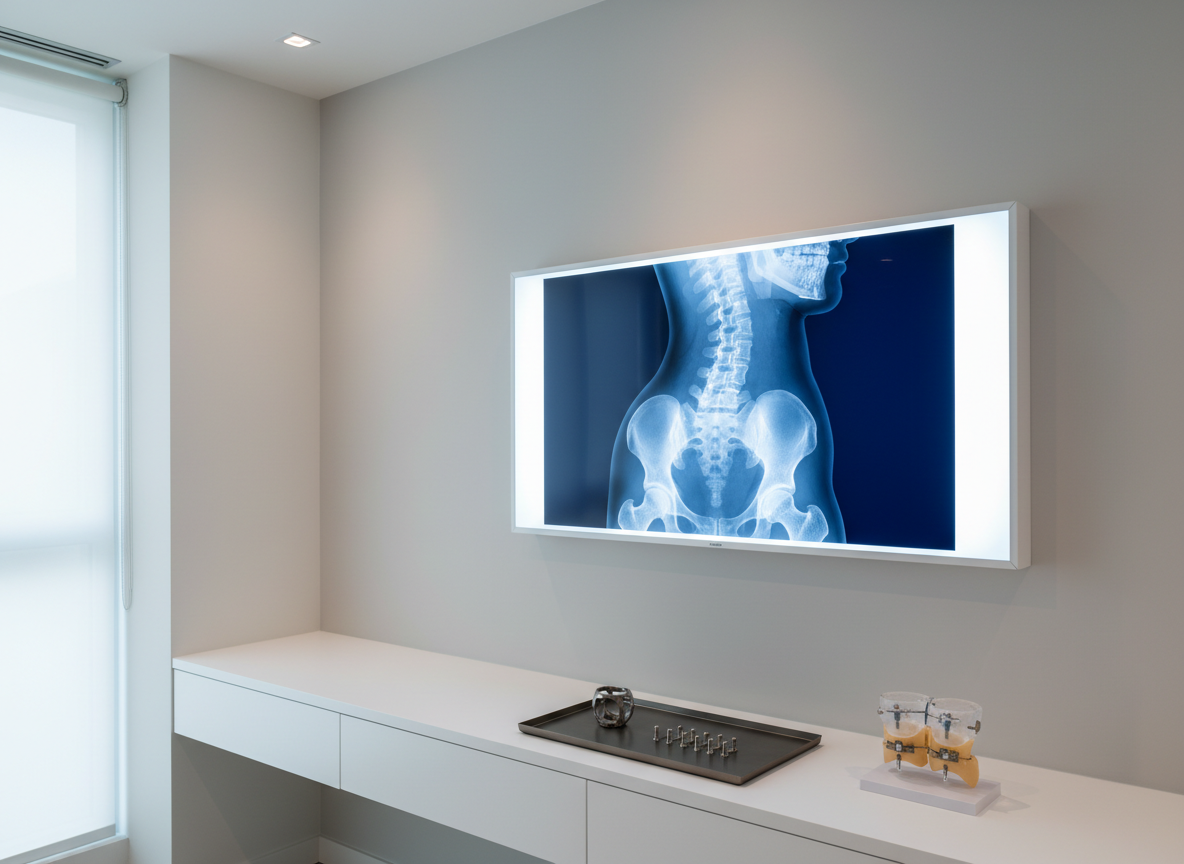 A minimalist, professional consultation space centered on a large, wall-mounted illuminated panel displaying a high-resolution lateral X-ray of the lumbar and cervical spine. The X-ray glows in crisp whites and deep blues against a matte, light-gray wall. Below, a sleek white console holds organized spine surgery tools for demonstration: a titanium vertebral cage, tiny pedicle screws, and a model of a fused segment, all arranged on a dark, non-reflective tray. Soft, cool-toned overhead lighting combines with subtle daylight from the side, producing an even, clinical illumination without harsh shadows. Captured from a slightly angled perspective with moderate depth of field, the composition emphasizes clarity and order. The atmosphere feels trustworthy, technical, and refined, in clean photographic realism.