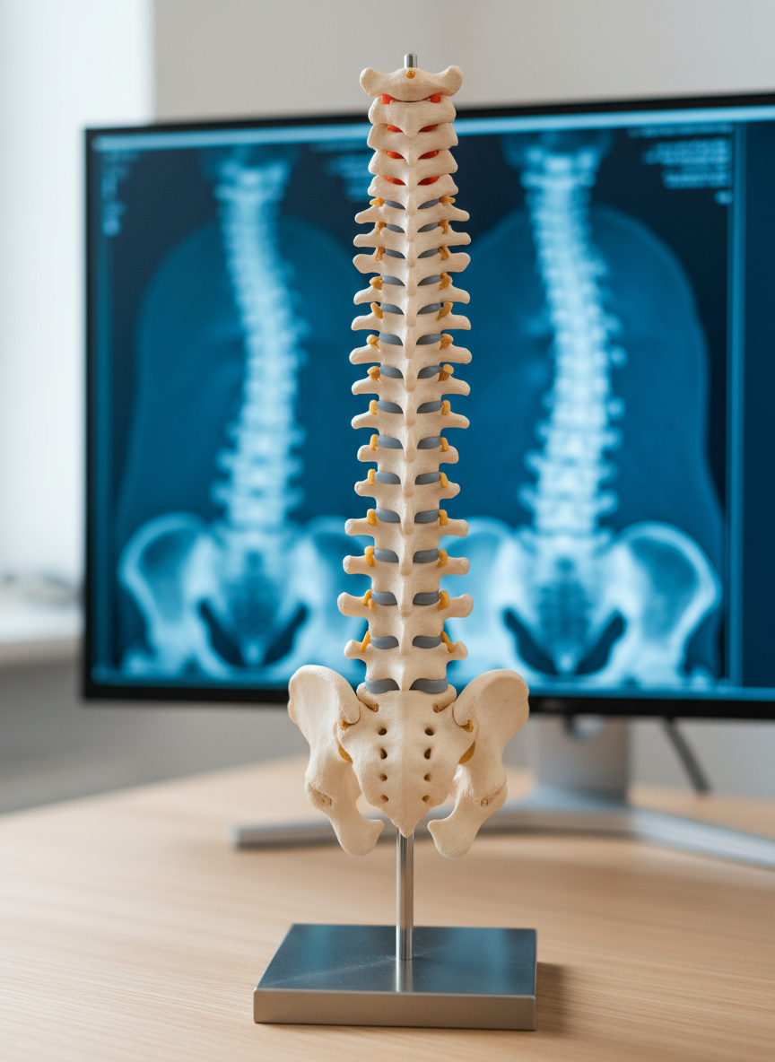 A detailed close-up of a high-quality anatomical spine model showcasing cervical, thoracic, and lumbar vertebrae with clearly defined intervertebral discs in a soft, natural bone color, accented with subtle shading. The model stands upright on a brushed metal base atop a smooth, light wood desk. Behind it, a large, softly blurred medical monitor displays a sagittal MRI of the columna vertebral in cool blue tones. Gentle, diffused daylight from a nearby window illuminates the scene, creating delicate highlights along the vertebrae edges. Shot with a shallow depth of field and a rule-of-thirds composition, the focus rests sharply on the central lumbar region. The mood is calm, precise, and educational, aligning with a clean, modern, photographic aesthetic suitable for a specialist’s website.