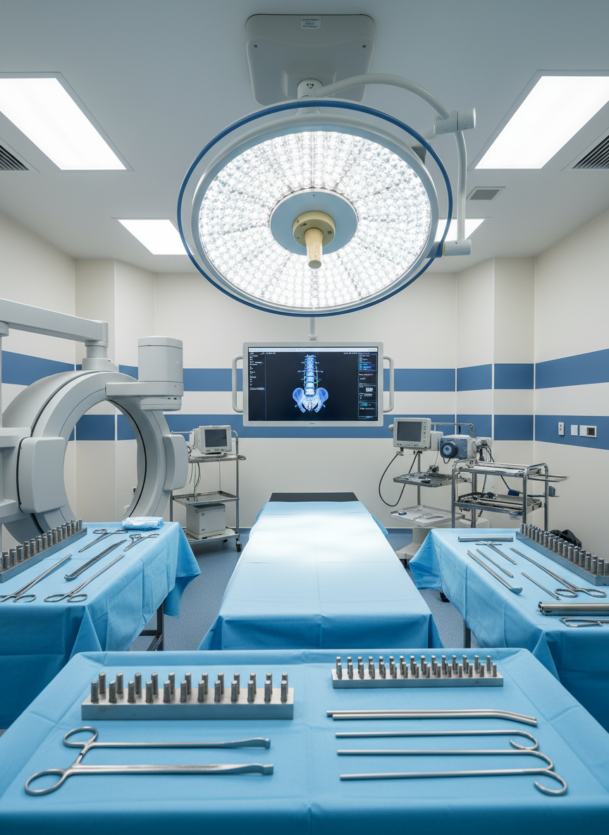 A sleek, state-of-the-art spinal surgery operating room centered on a meticulously arranged operating table, its surface covered with a pristine, light-blue sterile drape. Around it, advanced medical equipment for columna vertebral surgery stands organized: a modern C-arm fluoroscopy unit, a navigation screen displaying a 3D lumbar spine, and stainless steel instrument trays with neatly aligned pedicle screws and titanium rods. Cool, bright surgical lights from above create crisp, shadowless illumination, reflecting softly off polished metal surfaces. The walls are a calming soft white with subtle blue accents, conveying cleanliness and trust. Photographed at eye level with sharp focus throughout, the composition is balanced and uncluttered, evoking a professional, highly specialized, and reassuring atmosphere in photographic realism.